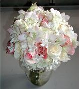 Hand-Tied Bridal Bouquet, Pink and White Roses, Blush Dendrobium Orchids, Stephanotis with Pearls...