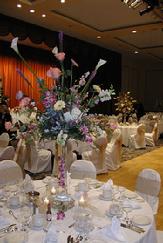 Blenko Glass Pedestal Arrangement. Calla Lilies, Roses, Cerise Orchids, Hydrangea...