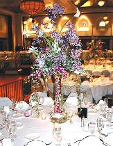 Blenko Glass Pedestal Arrangement, Lavender Lilacs, Fuscia Orchids...